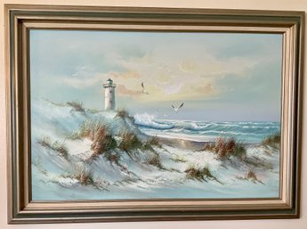 Lot 71- Vintage Lighthouse Ocean Original Painting Seascape With Nice Frame - Large!