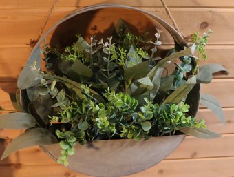 Lot 201 - Faux Succulent Plants In Circular Galvanized Tin Metal Holder - Country Decor