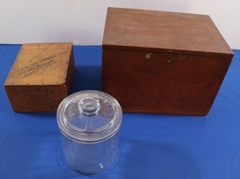 Lot 153- Vintage Wooden Box - Small Poultry Farm Crate - Glass Covered Cookie Jar Lot