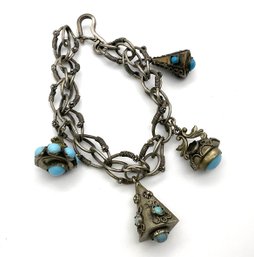 Lot 38- Turquoise Charm Bracelet Unmarked Silver - Vintage