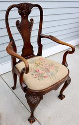 Lot 165- Carved Wood With Claw Feet And Floral Embroidered Seat Wooden Ornate High Back Arm Chair