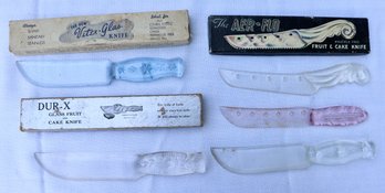 Lot 246 - Depression Era 5 Piece Glass & Plastic Knife Lot - Some New In Original Box - Fruit & Cake Aer-flo