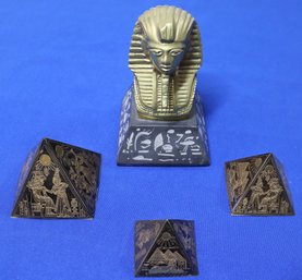 Lot 129- Egyptian King Tut Soapstone Gold Paper Weight & Decorative Brass Pyramid Trio - Lot Of 4