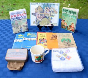 Lot 258 - Boy Scout & Cub Scout Lot - First Aid Tin - Handbooks - Song Books - 1970s Jamboree - Kelloggs