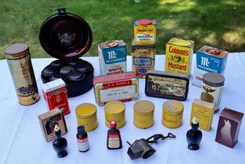 Lot 233- Vintage Kitchen Spice Tin Lot Indian Gum - McCormick - Colmans Mustard - Pie Bird - 23 Pieces