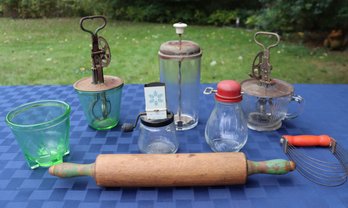 Lot 219 - 1930s Uranium Green Glass Mixer Kitchen 8 Piece Lot - Rolling Pin Federal Tool - Roberts - Androck