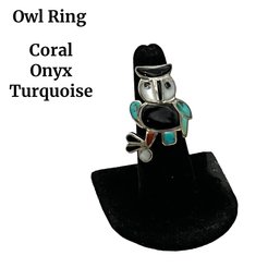 Lot 30- Silver Southwestern Owl Ring - Onyx - Turquoise - Coral - Mother Of Pearl Size 6 1/2