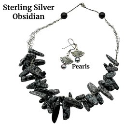 Lot 26- Sterling Silver Obsidian Necklace & Silver And Pearl Earrings