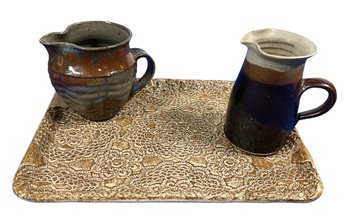 Lot 332- Stunning! Stoneware Textured Tray With - 2 Pottery Pitchers Creamers - Signed