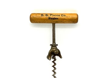 Lot 27- 1800s Adversting S.S. Pierce Grocer Boston Cork Screw Bottle Opener - Wood Handle