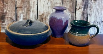 Lot 334A- Signed Stoneware Pottery Lot - Covered Baker - Pitcher - Creamer - Vase
