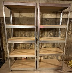 Pair Of 2 6 Foot Metal And Wood Garage Industrial Shelves In Excellent Condition
