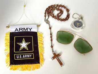 Lot 382SUN-  1960s Misc Items - Sunglasses - Lourdes Rosary Beads - Small Army Flag - Keychain