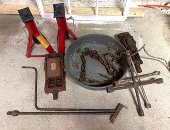 Lot 366- Car Lot - 2 Jacks - Jack Stands - Long Heavy Chain With Hook - Galvanized Tin - Tire Irons