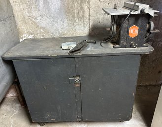 Lot 367- Stanley Handyman 6' Saw Jointer Grinder H6-A On Wood Rolling Cabinet Bench With Metal Caster Wheels