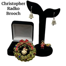 Lot 52- Signed Christopher Radko Wreathe Brooch And Silver Bell Earrings - Christmas