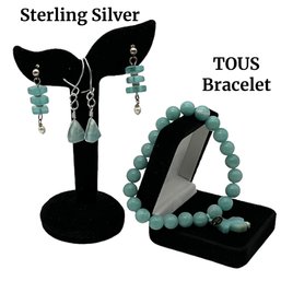 Lot 67- TOUS Aqua Bead Quartzite Bracelet- Dyed Magnesite - Sterling Silver Larimar Earrings - Lot Of 3