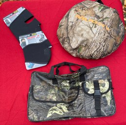 Lot 501 - Lot Of Cold Hunting Fishing Gear Muddy Hot Seat, Mossy Oak Hunting Bag, Neoprene Face Mask