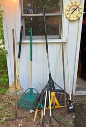 Lot 378SHED - Gardening Lot - Rakes - Pruners - Vintage Sickle Scythe - Rainbow Thermometer