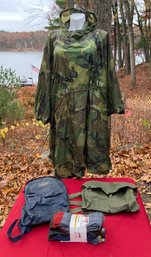 Lot 508 - Lot Of Military Hunting Lightweight Mask Case, Poncho, Socks,  Audubon Backpack