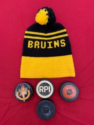 Lot 510 - 1980s Boston Bruins Winter Hat - Pucks - Hall Of Fame- Hockey - Sports