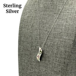 Lot 72- Sterling Silver With White Enamel Crystal Pendant - Chain 18 Inches