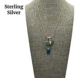 Lot 75- Sterling Silver Chain With Dragonfly & Sea Glass Pendants