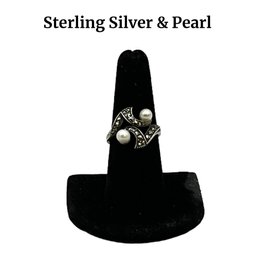 Lot 76- Sterling Silver Marcasite & Pearl Ring Size 8