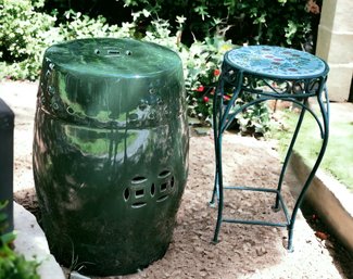 Lot 395SHED - Decorative Glazed Green Ceramic Garden Stool And Small Side Table - Lawn Decor