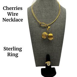 Lot 81- Super Cute! Sterling Silver Ring & Costume Gold Wire Necklace With Dangling Cherries