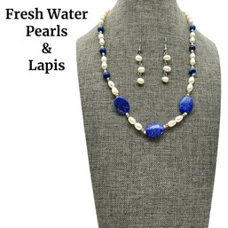 Lot 85- Freshwater Pearl & Lapis Necklace & Pearl Earrings