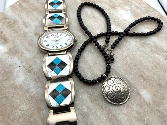 Lot 95- Sterling Silver Pendant & Black Bead Necklace & Quartz Costume Watch