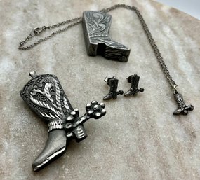 Lot 2- Pewter Signed Torino Cowboy Boot Pin - Earrings - Necklace - Box