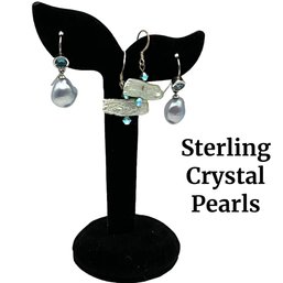 Lot 96- Sterling Silver - Blue Pearls - Crystals - Earrings - 2 Pair