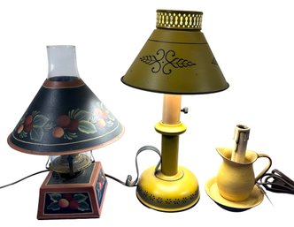 Lot 417 - Lot Of 3 Hand Painted Table Lamps And Night Light - Plus 2 Antique Country Pitchers
