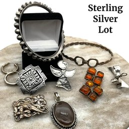 Lot 103- Sterling Silver Bracelets- Amber Earrings - Pins - Pendant - Hoop Earrings- Angel Watch Over Me