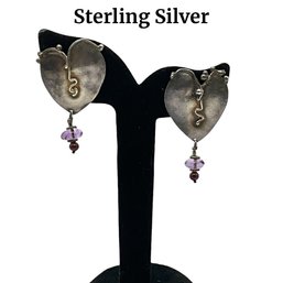 Lot 104- Sterling Silver Heart Earrings With Purple Bead