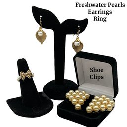 Lot 105- Freshwater Pearl Earrings & Stretch Ring - Vintage Faux Pearl Shoe Clips