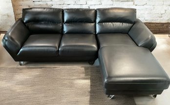 Lot 3- Black Leather Sleek Sofa With Lounge - VERY NICE!