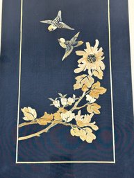 Lot 422SES - Vintage Art - Asian Birds In Flight With Flora - Panel Mounted On Silk In Black Bamboo Frame