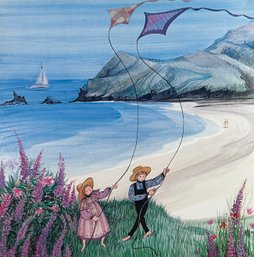 Lot 424SES - 1985 Amish Artist Buckley Moss Folk Art - Children Flying Kits On The Beach -