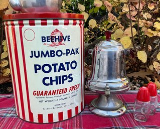 Lot 37SES- Red White Striped Potato Chip Can Lucite Small Urn Tea Pot Plaid Table Cloth- Christmas Farm Decor