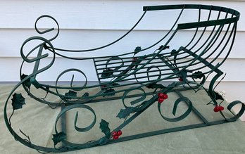 Lot 38SES- LARGE Green Metal & Holly Berry 23 Inch Sleigh Matching Candle Holders - Christmas Decor Lot Of 3