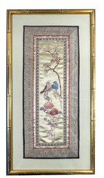 Lot 426SES - Antique Asian Birds Embroidery Needlepoint On Silk Panel In Gold Gilt Bamboo Frame