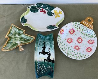 Lot 41SES- 1950s-60s Ceramic Christmas Trays - MCM Deer - Tree - Bulb - Ornament - Floral - 4