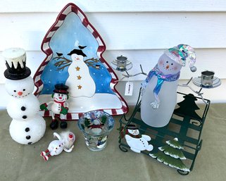 Lot 43SES- SNOWMEN! Candle - Ceramic Tree Platter - Napkin Holder - Frosty Candle Holder - Christmas Lot