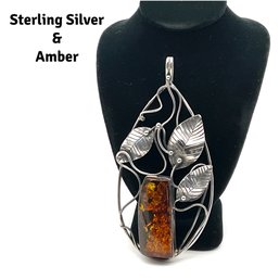 Lot 46MM- BIG! Sterling Silver With Amber Pendant - Stunning!