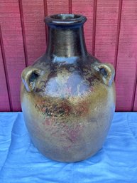 Lot 407- 3 Handled Large Heavy - 20 Inch - Brown Stoneware Crock - Antique Primitive Farmhouse Country Decor