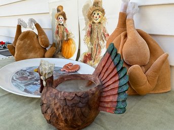 Lot 49SES- GOBBLE GOBBLE! Turkey Hats- Watercolor Fall Art- Planter- Bicentennial Platter-vintage Thanksgiving