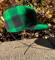 Lot 51SES- New Vintage - Woolrich Green Black Buffalo Wool Plaid Hat Cap - Size 7 3/8